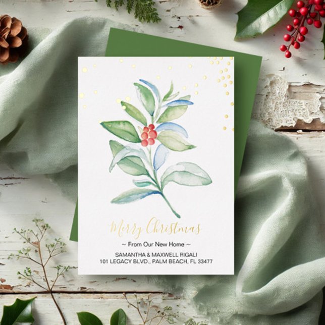 Tarjeta Festiva Con Relieve Metalizado Berries rojas acuarelas y Navidades de follaje (Christmas cards watercolor botanical art by Victoria Grigaliunas VG Invites)
