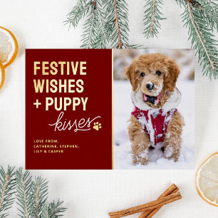 Tarjeta Festiva Con Relieve Metalizado Besos de Cachorro Navideños