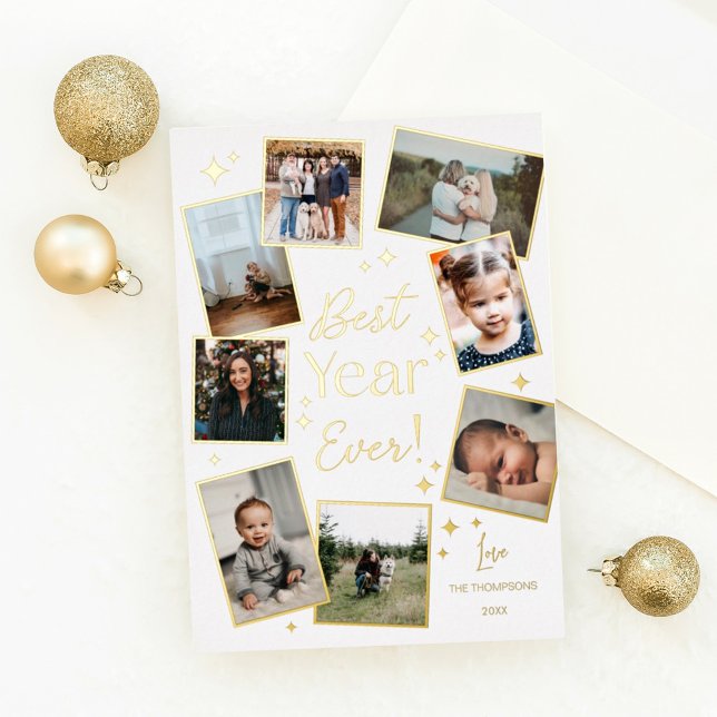 Tarjeta Festiva Con Relieve Metalizado Best Year Ever! 8 Family Photo Scrapbook Collage (Subido por el creador)