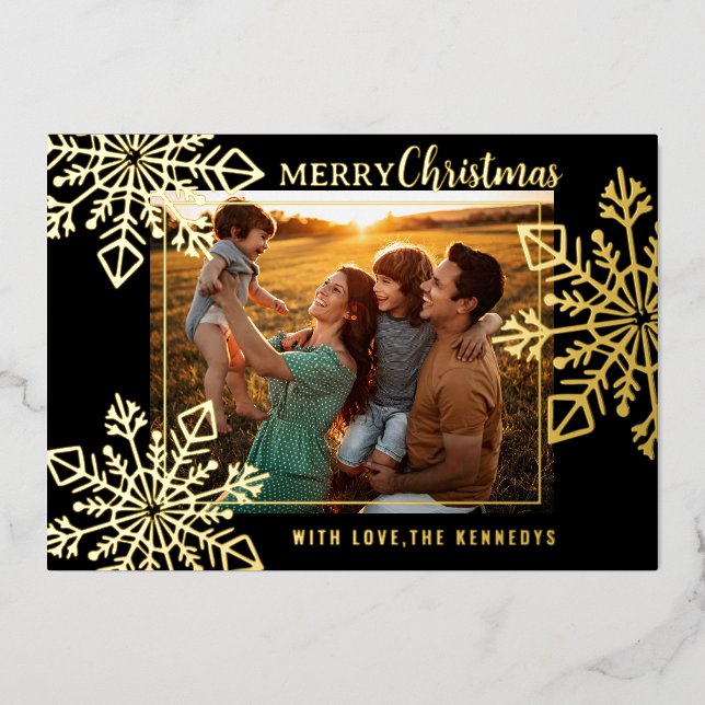 Tarjeta Festiva Con Relieve Metalizado Black And Gold Snowflakes Fotos De Feliz Navidad (Anverso)