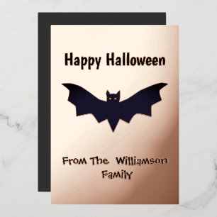Tarjeta Festiva Con Relieve Metalizado Black Bat Feliz Halloween Rosa Dorado 
