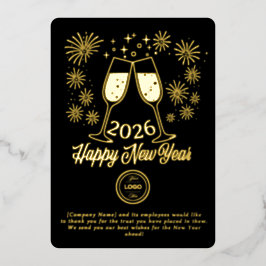 Tarjeta Festiva Con Relieve Metalizado Black Business New Year 2026 Champagne Gold