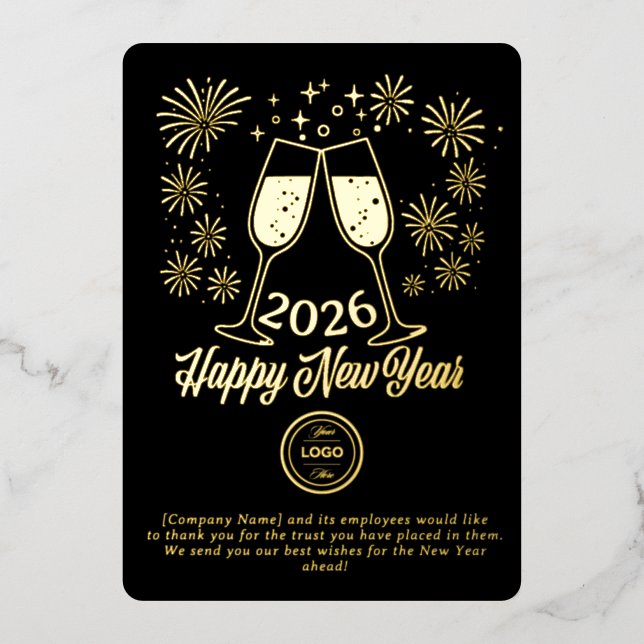 Tarjeta Festiva Con Relieve Metalizado Black Business New Year 2026 Champagne Gold (Anverso)