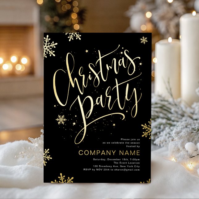 Tarjeta Festiva Con Relieve Metalizado Black Gold handwritten calligraphy Christmas Party (Black Gold handwritten calligraphy Christmas Party Foil Holiday Card)