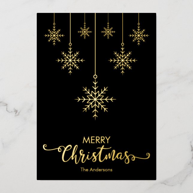 Tarjeta Festiva Con Relieve Metalizado Black Merry Christmas Snflakes Gold (Anverso)