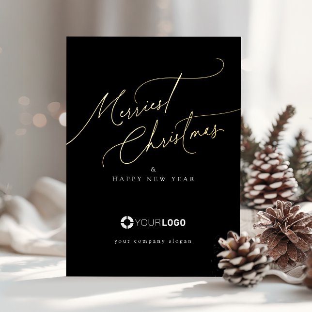 Tarjeta Festiva Con Relieve Metalizado Black Minimal Script Merriest Christmas Company (Black Minimal Script Merriest Christmas Company Foil Holiday Card)