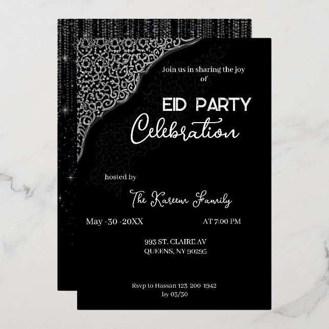 Tarjeta Festiva Con Relieve Metalizado  Black & white elegant  Eid Party Invitation  (Anverso/Reverso)