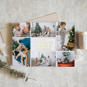 Tarjeta Festiva Con Relieve Metalizado Blanco 2027 Retro Seis Collage de Fotos Año Nuevo