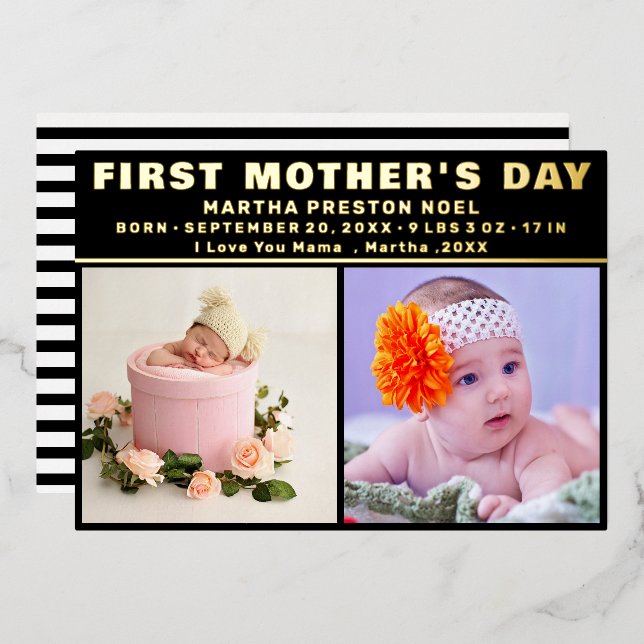 Tarjeta Festiva Con Relieve Metalizado Blanco y negro | Script First Mother's Day Photo (Anverso/Reverso)