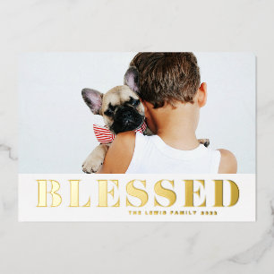 Tarjeta Festiva Con Relieve Metalizado Blessed Bold Typography Photo