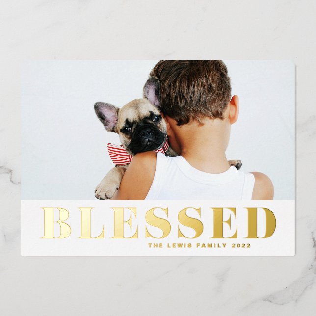 Tarjeta Festiva Con Relieve Metalizado Blessed Bold Typography Photo (Anverso)