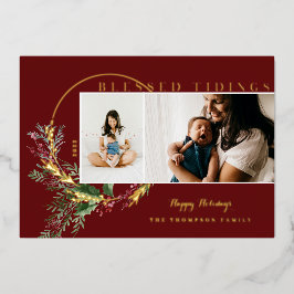 Tarjeta Festiva Con Relieve Metalizado Blessings Watercolor Greenery Wreath Fotos