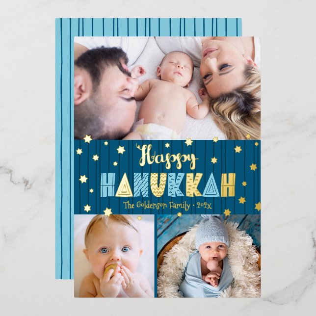 Tarjeta Festiva Con Relieve Metalizado Blue 3 Photo Happy Hanukkah Fun Modern Real Gold (Anverso/Reverso)