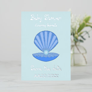 Tarjeta Festiva Con Relieve Metalizado Blue Baby Boy Oyster shell y Pearl Baby Shower