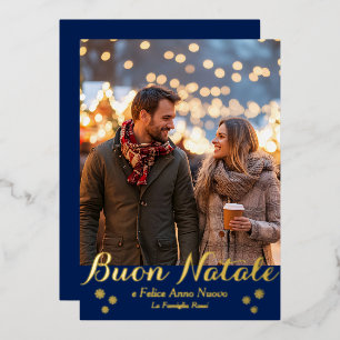 Tarjeta Festiva Con Relieve Metalizado Blue Buon Natale e Felice Anno Nuovo Script Photo