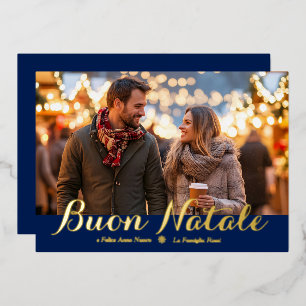 Tarjeta Festiva Con Relieve Metalizado Blue Buon Natale e Felice Anno Nuovo Script Photo