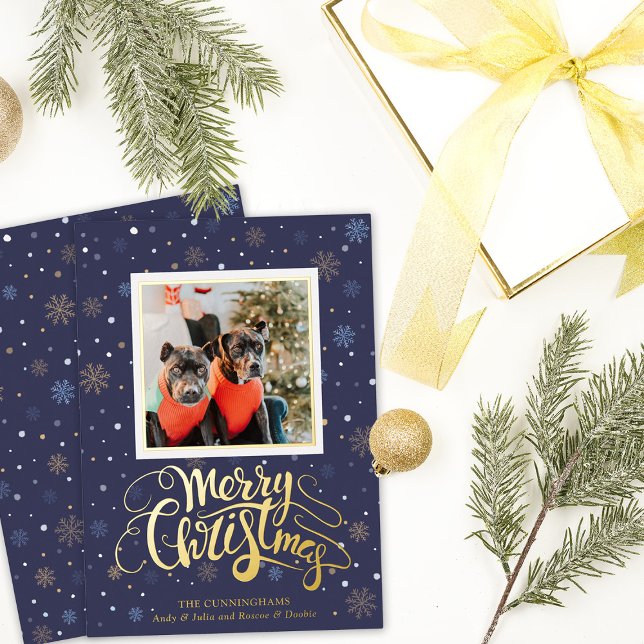 Tarjeta Festiva Con Relieve Metalizado Blue Gold Snowflakes Merry Christmas (Subido por el creador)
