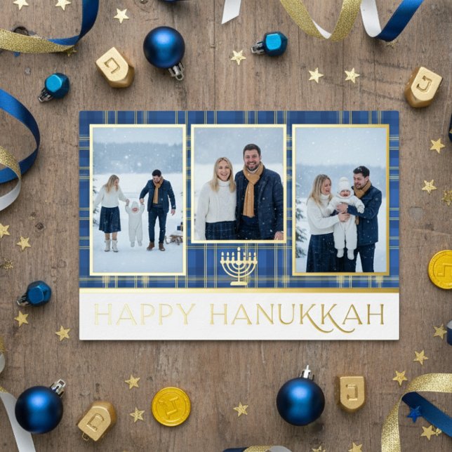 Tarjeta Festiva Con Relieve Metalizado Blue & Gold Tartan Plaid Happy Hanukkah Photo (Subido por el creador)