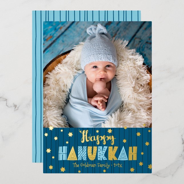 Tarjeta Festiva Con Relieve Metalizado Blue Happy Hanukkah Photo Cute Modern Real Gold (Anverso/Reverso)