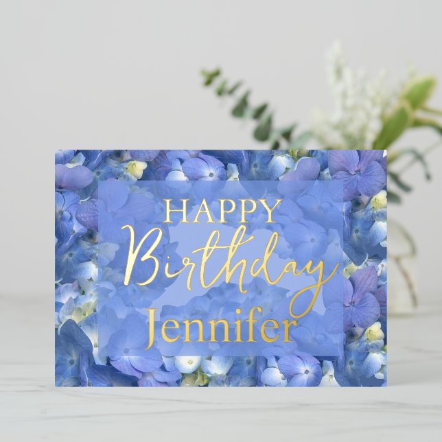 Tarjeta Festiva Con Relieve Metalizado Blue Hydrangeas Blooms Happy Birday (Anverso de pie)