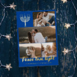 Tarjeta Festiva Con Relieve Metalizado Blue Menorah Peace Love Light Collage de fotos Gol<br><div class="desc">tarjeta de vacaciones felices de Relieve metalizado dorado con una menorah hanukkah,  un collage de fotos de cuatro fotos,  luz de amor por la paz en Relieve metalizado dorado,  y tu apellido en Relieve metalizado dorado también.</div>