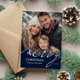 Tarjeta Festiva Con Relieve Metalizado Blue Merry Christmas Script Photo