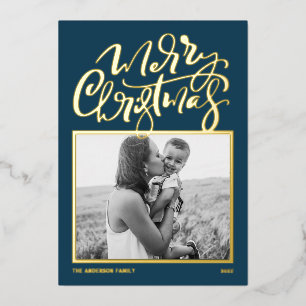 Tarjeta Festiva Con Relieve Metalizado Blue Modern Caligraphy Photo Merry Christmas Foi