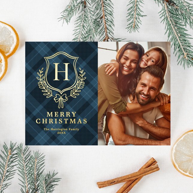 Tarjeta Festiva Con Relieve Metalizado Blue Plaid Monogram Photo Christmas (Subido por el creador)
