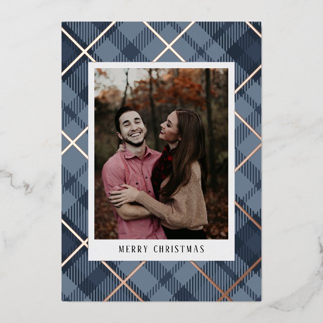 Tarjeta Festiva Con Relieve Metalizado Blue Plaid Tartan Photo Navidades Real (Anverso)