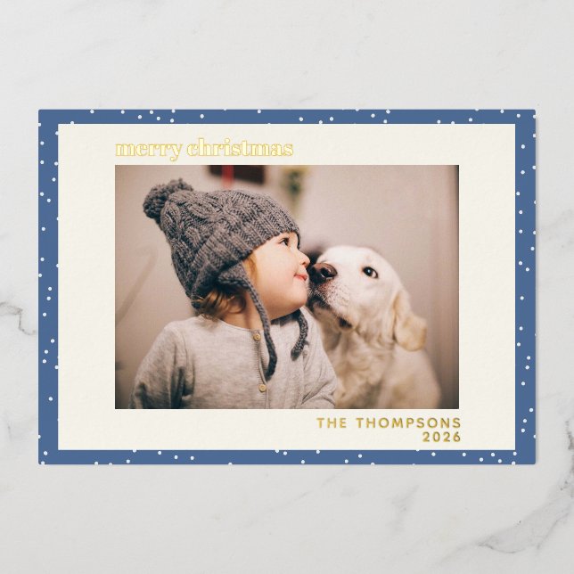 Tarjeta Festiva Con Relieve Metalizado Blue Polka Dot Snow Simple Photo Gold (Anverso)