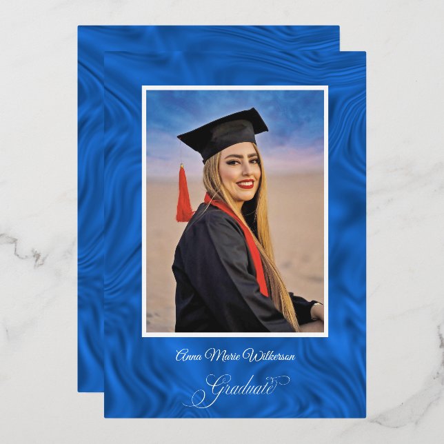 Tarjeta Festiva Con Relieve Metalizado Blue Satin High School Graduation announcement (Anverso/Reverso)