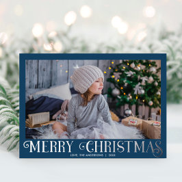 Tarjeta Festiva Con Relieve Metalizado Blue Silver Foil Modern Merry Christmas photo