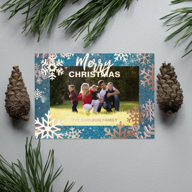 Tarjeta Festiva Con Relieve Metalizado Blue Winter Wonderland Merry Christmas Photo (Subido por el creador)