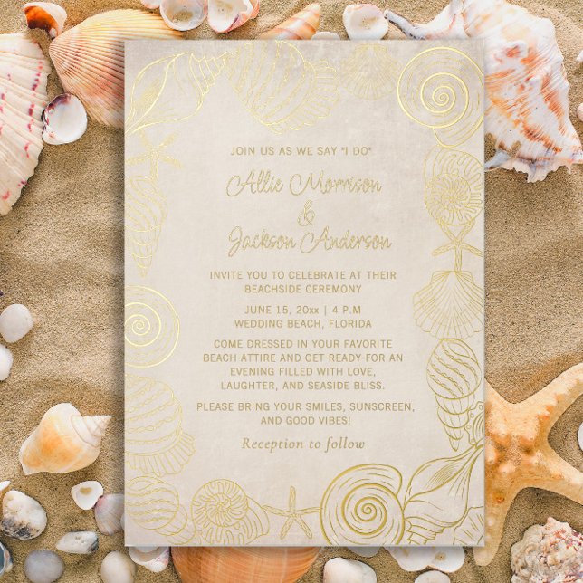 Tarjeta Festiva Con Relieve Metalizado Boda costero de arena de las playas (Gold-foil beach and seashells wedding invitation)