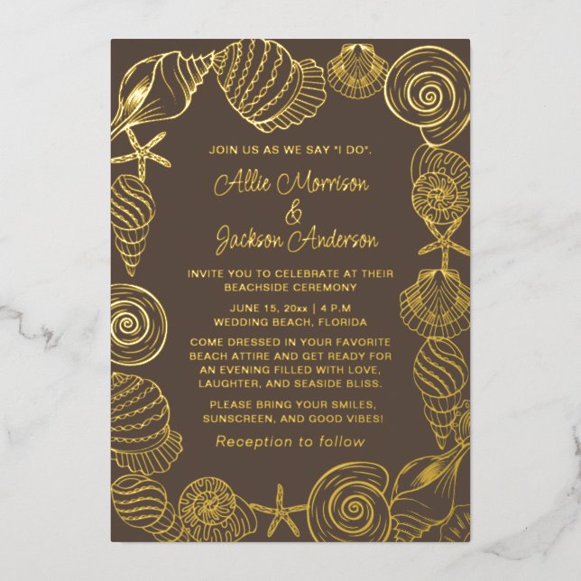 Tarjeta Festiva Con Relieve Metalizado Boda costero de arena de las playas (Anverso)