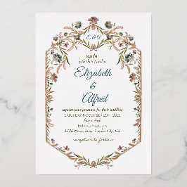 Tarjeta Festiva Con Relieve Metalizado Boda de Vid Floral con Hojas de Monograma