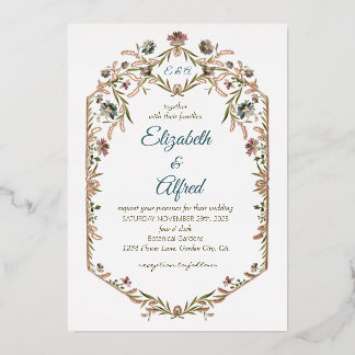Tarjeta Festiva Con Relieve Metalizado Boda de Vid Floral con Hojas de Monograma
