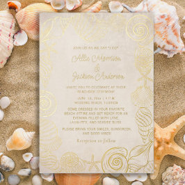 Tarjeta Festiva Con Relieve Metalizado Boda en la playa con conchas de mar y arena