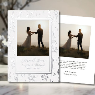 Tarjeta Festiva Con Relieve Metalizado Boda floral Gracias 2 Foto Plata Blanca