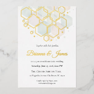 Tarjeta Festiva Con Relieve Metalizado Boda Panal de Oro Hoja Moderna Geométrica