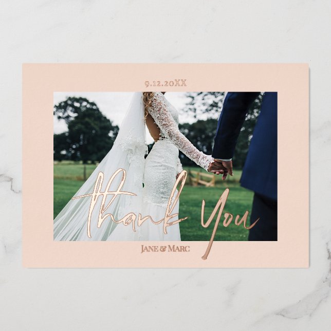 Tarjeta Festiva Con Relieve Metalizado Boda Rosa Relieve metalizado Real 2 fotos Gracias  (Anverso)