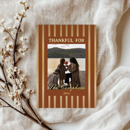 Tarjeta Festiva Con Relieve Metalizado Boho Brown Stripes Thanksgiving Family Photo Gold 