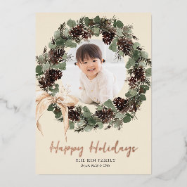 Tarjeta Festiva Con Relieve Metalizado Boho Wreath con Bow Photo Holiday