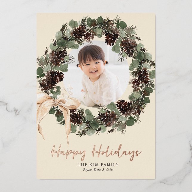 Tarjeta Festiva Con Relieve Metalizado Boho Wreath con Bow Photo Holiday (Anverso)