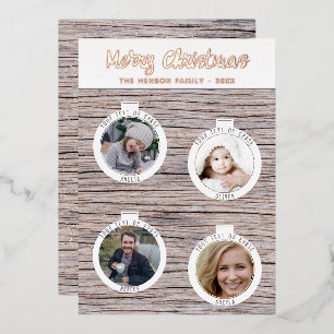 Tarjeta Festiva Con Relieve Metalizado Bolas de Navidad de Madera Rústica Collage de Foto