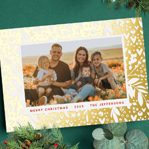 Tarjeta Festiva Con Relieve Metalizado BOLD Feliz Navidad Marco Botánico Rojo Dorado