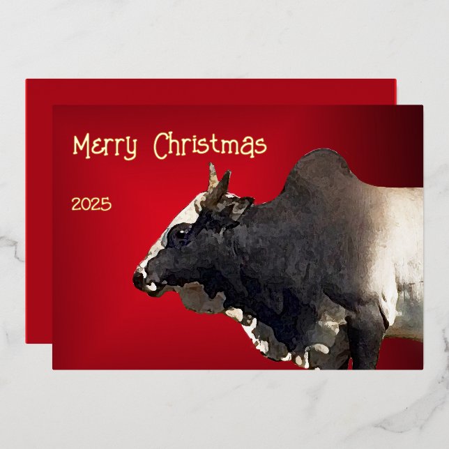Tarjeta Festiva Con Relieve Metalizado Bold Red Brahma Bull Cattle Farmer Christmas (Anverso/Reverso)