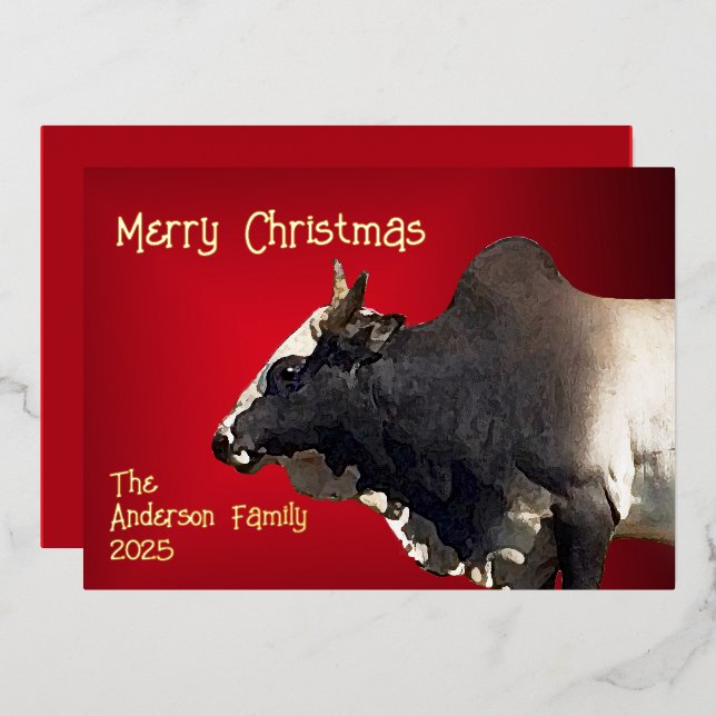 Tarjeta Festiva Con Relieve Metalizado Bold Red Brahma Bull Custom Christmas (Anverso/Reverso)