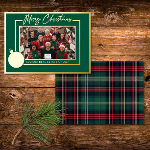 Tarjeta Festiva Con Relieve Metalizado Bombilla de oro verde Merry Christmas Escritura Fo