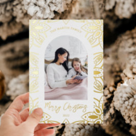 Tarjeta Festiva Con Relieve Metalizado Bonito marco botánico dorado Dos Navidades de foto